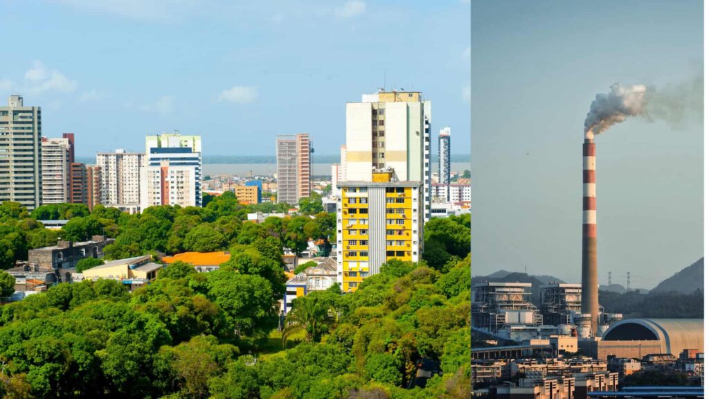 A cityscape with tall buildings and green trees on the left; on the right, an industrial facility with a smokestack emitting smoke—highlighting the urgent need for climate action as discussed at COP30.