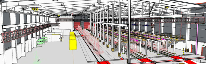 A detailed architectural rendering of an industrial warehouse interior, showcasing structural elements, machinery, and overhead walkways in a spacious and organized layout.