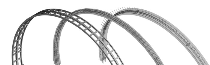 A grayscale drawing of a roller coaster with three large loops shown from an angle.