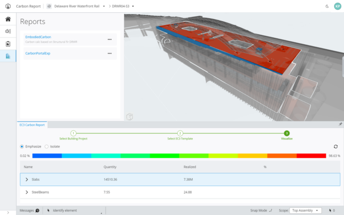 Calcul de l'impact du carbone intrinsèque effectué par EC3 et visualisé dans iTwin Experience. Les éléments de conception utilisent un code couleur en fonction de la gravité du carbone intrinsèque réalisé. Image reproduite avec l'aimable autorisation de Bentley Systems.