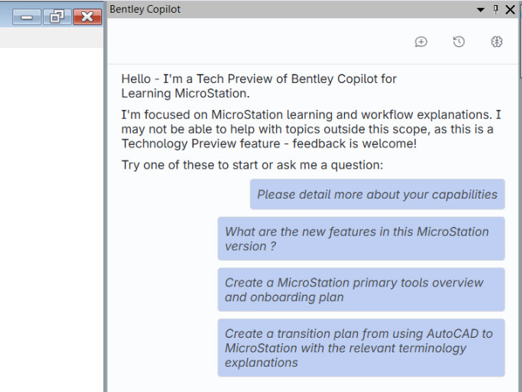 A chat window displays Bentley Copilot introducing itself and offering help with MicroStation 2026, listing sample questions users can ask about new features and workflow.