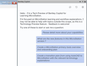A chat window displays a tech preview of Bentley Copilot for MicroStation 2026, showing a welcome message and user questions about features and workflow capabilities.