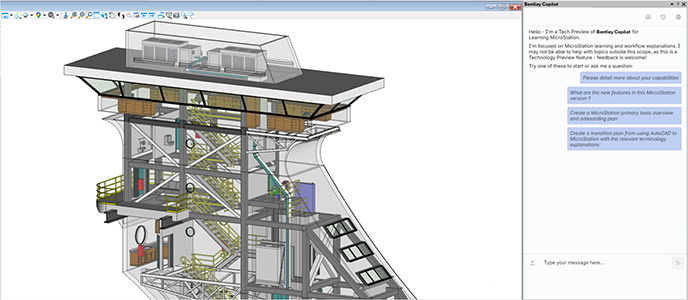 3D cutaway model of an industrial facility created in MicroStation 2026, with visible stairs, equipment, and a chat window open on the right side of the screen.