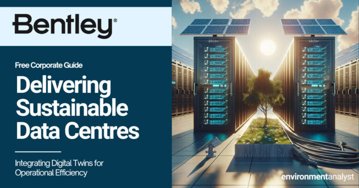 A digital illustration shows solar panel-topped Data Centres outdoors, surrounded by sunlight and plants, next to text promoting Bentley's Corporate Guide on Sustainable Data Centres.