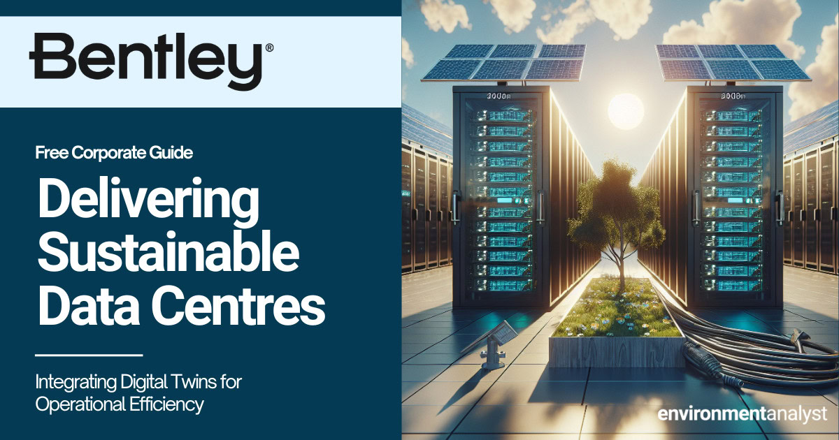 A digital illustration shows solar panel-topped Data Centres outdoors, surrounded by sunlight and plants, next to text promoting Bentley's Corporate Guide on Sustainable Data Centres.