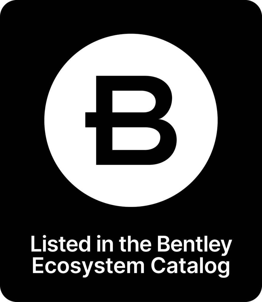 A white circle with a bold black "B" inside is above the text "Listed in the Bentley Ecosystem Catalog" on a black background, featured in the Partner Spotlight with CitiME.