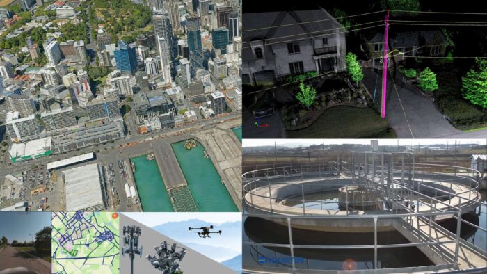 A collage of four images: an aerial city view, a 3D house scan with utility lines, a port facility, and an industrial water treatment plant.