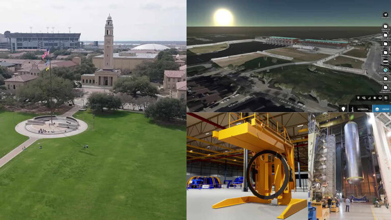 A collage showing Louisiana State University’s campus, a 3D digital landscape model, a large yellow industrial machine, and a factory interior highlights the Digital Twin Program and innovative efforts featured in the Bentley Horizons Podcast.