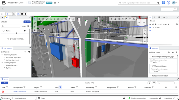 A building information modeling (BIM) software interface displays a 3D model of an industrial facility with various pipes and equipment, alongside navigation and properties panels.