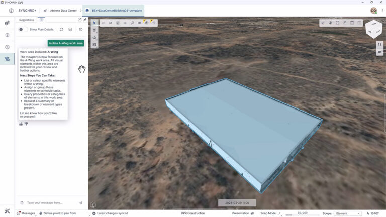 A 3D-rendered building model is displayed over a satellite map in a construction project management software interface.
