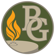 A green circular emblem with the letters "B" and "G" in beige, featuring an orange flame on the left side, reminiscent of a logo from an OpenFlows video series.