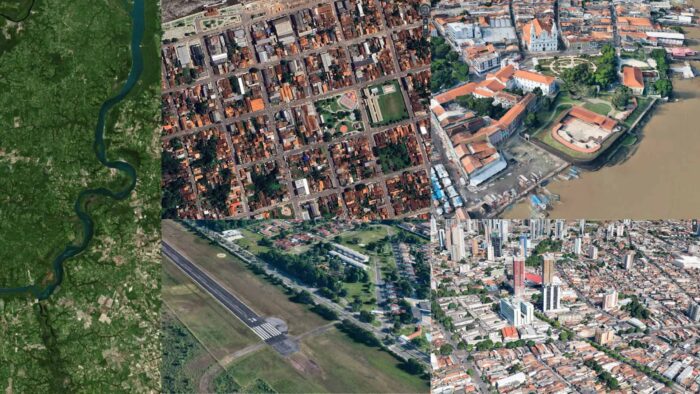 A collage of five aerial and satellite images highlights the Amazon and Belém, featuring a river, urban grids, an airport runway, and city buildings—perfect for exploring on a Belém 3D Tour ahead of COP30.