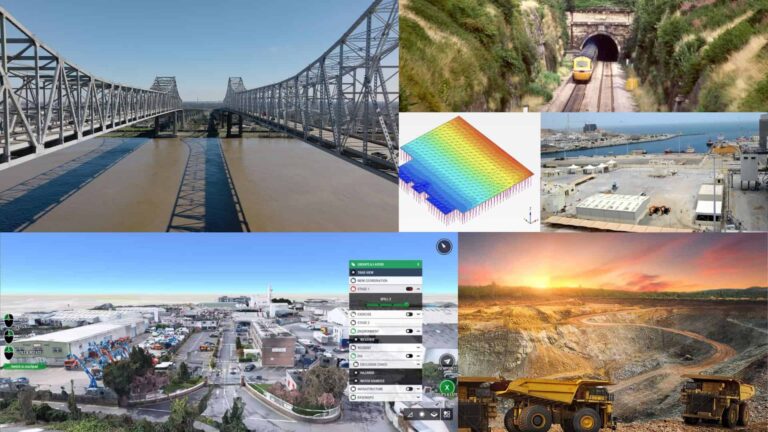 A collage showing a steel bridge, a train exiting a tunnel, 3D modeling software, a port, an industrial site with data overlay, and mining trucks in a quarry at sunset.