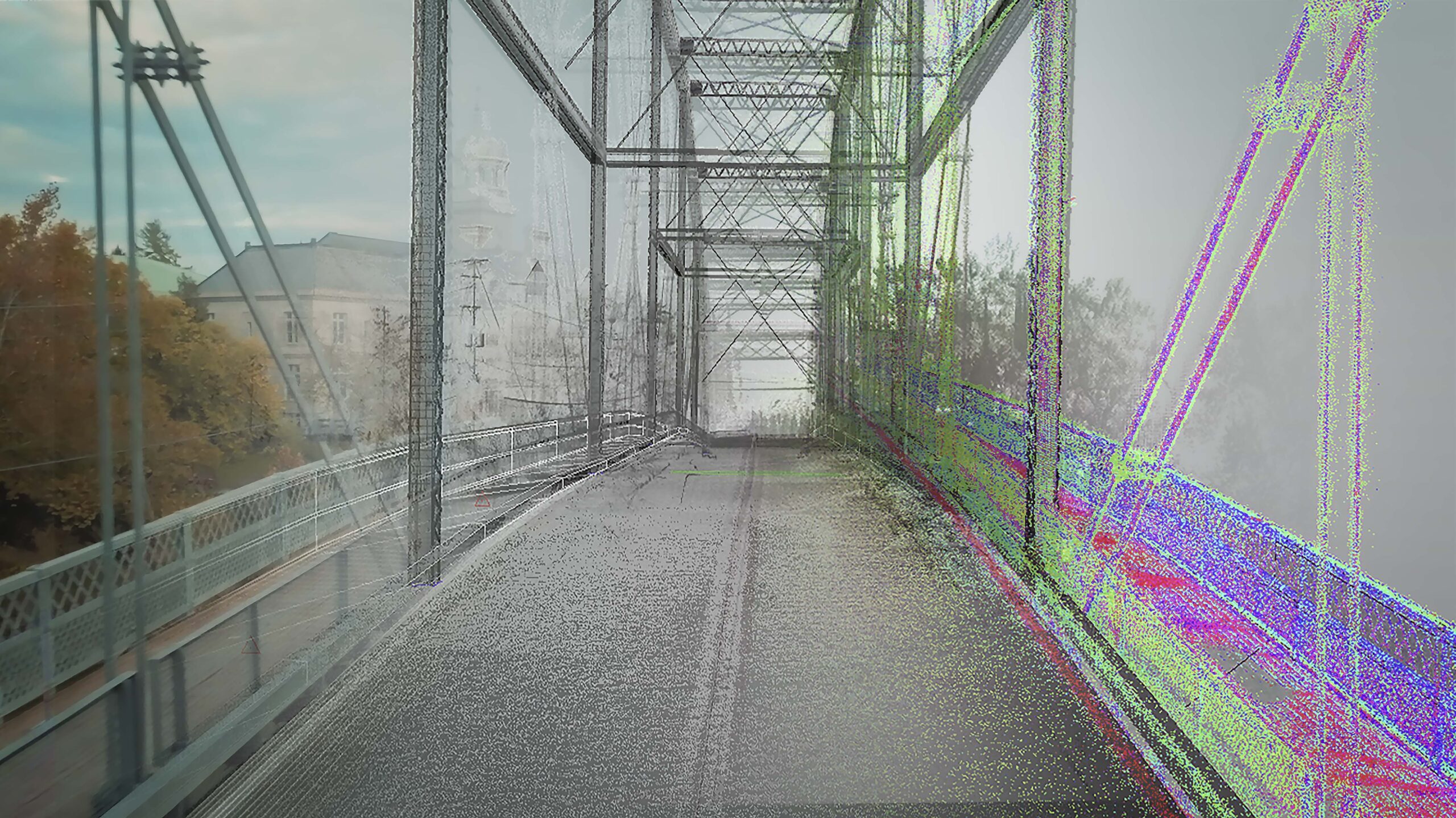 A digital rendering of a bridge showcases realistic details alongside vibrant point cloud data on the right half, blending real-world and virtual elements—ideal for visualizing bridges and optimizing operations in infrastructure projects.