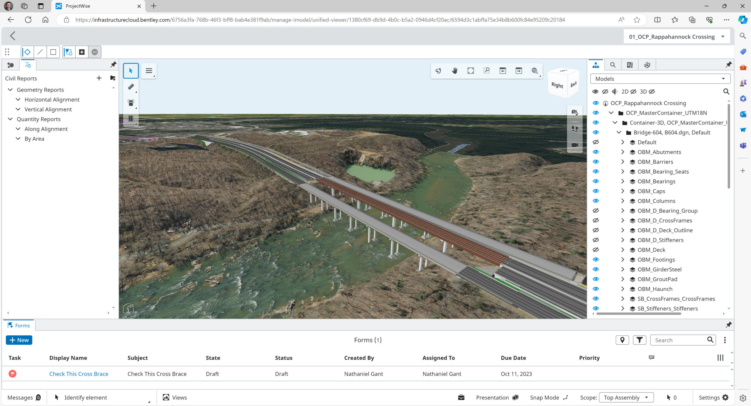 A 3D model of a bridge spanning a river is displayed on a computer screen, showcasing innovative bridge design with project details and navigation tools visible in the interface.