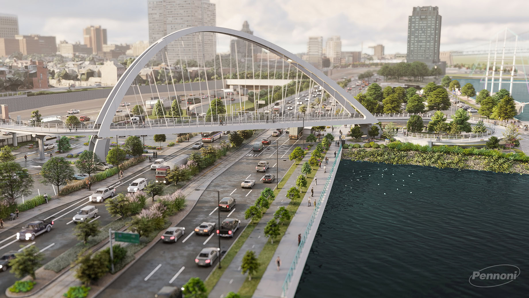 A modern arched pedestrian bridge showcases innovative design as it spans over a busy multi-lane roadway alongside a river, framed by city buildings and green spaces in the background.