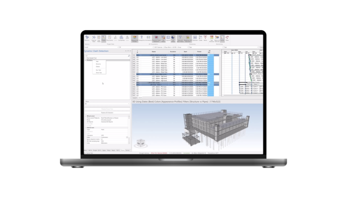 A laptop displays project management software with a 3D building model, data tables, and schedules on the screen.