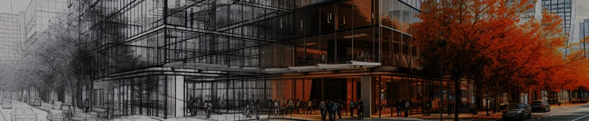 A digital rendering seamlessly blends a black and white architectural sketch with a color image of a modern glass building, surrounded by autumn trees. This CAD masterpiece offers an inspiring perspective for those looking to level themselves up in contemporary design aesthetics.