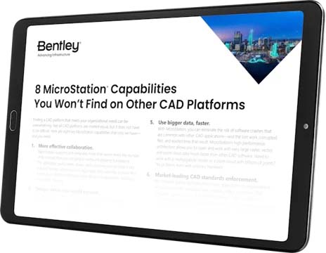 A tablet displaying a document titled "8 MicroStation Capabilities You Won't Find on Other CAD Platforms" with a small image of an urban skyline. The document is by Bentley.