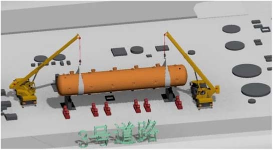 Two yellow cranes lift and position a large orange cylindrical object on metal supports in an industrial setting, characteristic of MicroStation's detailed models for mining projects. Various circular and rectangular items are scattered around, showcasing the meticulous planning involved.