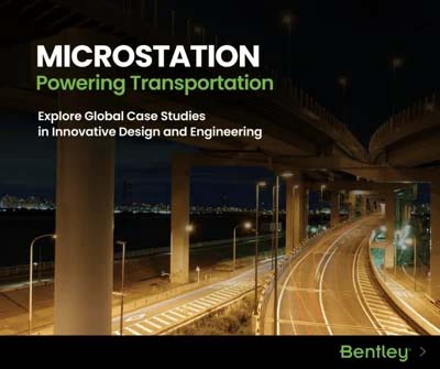 MicroStation Powering Transportation displayed on a nighttime highway image, with the text "Explore Global Case Studies in Better Infrastructure Design and Engineering." Bentley logo in the bottom right corner.