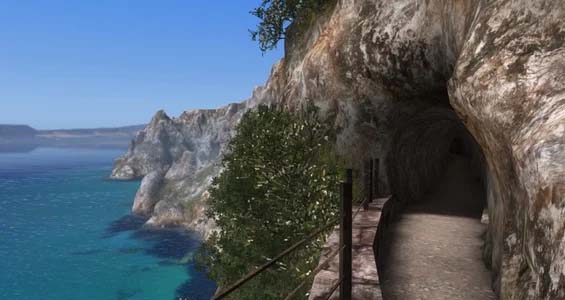 A rocky coastal path leads to a cave, with clear blue water and rugged cliffs in the background. The scene is under a sunny sky, resembling an untouched landscape that could inspire mining projects modeled with CAD software.