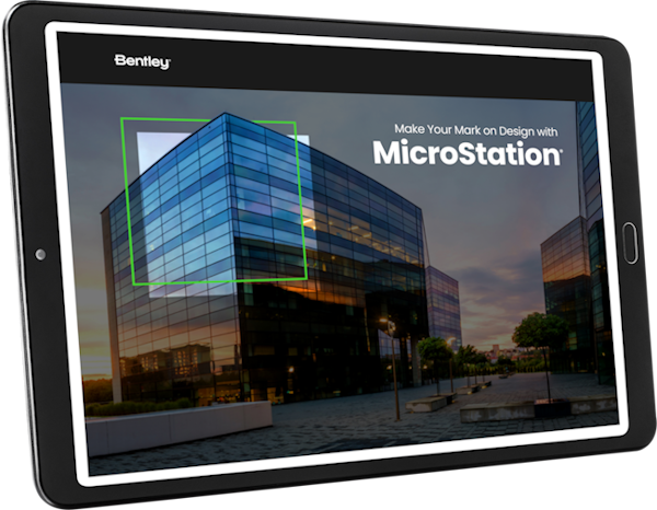 A tablet displaying a design software advert with an architectural building highlighted on the screen, positioned against a dusk backdrop.