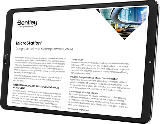 A tablet displaying a webpage about bentley's microstation software for developing infrastructure, including 3d modeling tools, with a futuristic city backdrop.