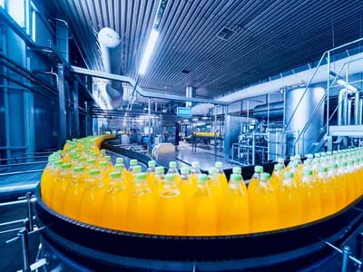Factory assembly line with multiple yellow beverage bottles moving along a conveyor belt in a large manufacturing plant, efficiently managed using MicroStation software to enhance precision and productivity.