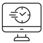 Icon of a computer monitor displaying a clock with motion lines, indicating time management or fast processing; perfect for applications like MicroStation or eBook reading in the transportation sector.