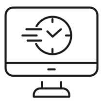 Icon of a computer monitor displaying a clock with motion lines, indicating time management or fast processing; perfect for applications like MicroStation or eBook reading in the transportation sector.