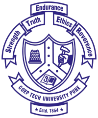 COEP Tech University Pune emblem featuring a shield with symbols, surrounded by the words Strength, Truth, Ethics, Reverence, and Endurance, and "Estd. 1854" at the bottom.