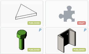 Four icons: a triangle labeled "Published," a puzzle piece labeled "Draft," a bolt labeled "Published," and a metal bracket labeled with a "P" symbol—ideal for organizing statuses in MicroStation software.