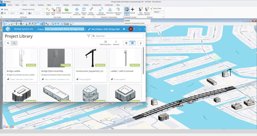 A computer screen displays MicroStation 2026 3D bridge modeling software with a project library of structural components and a digital map featuring a bridge layout.