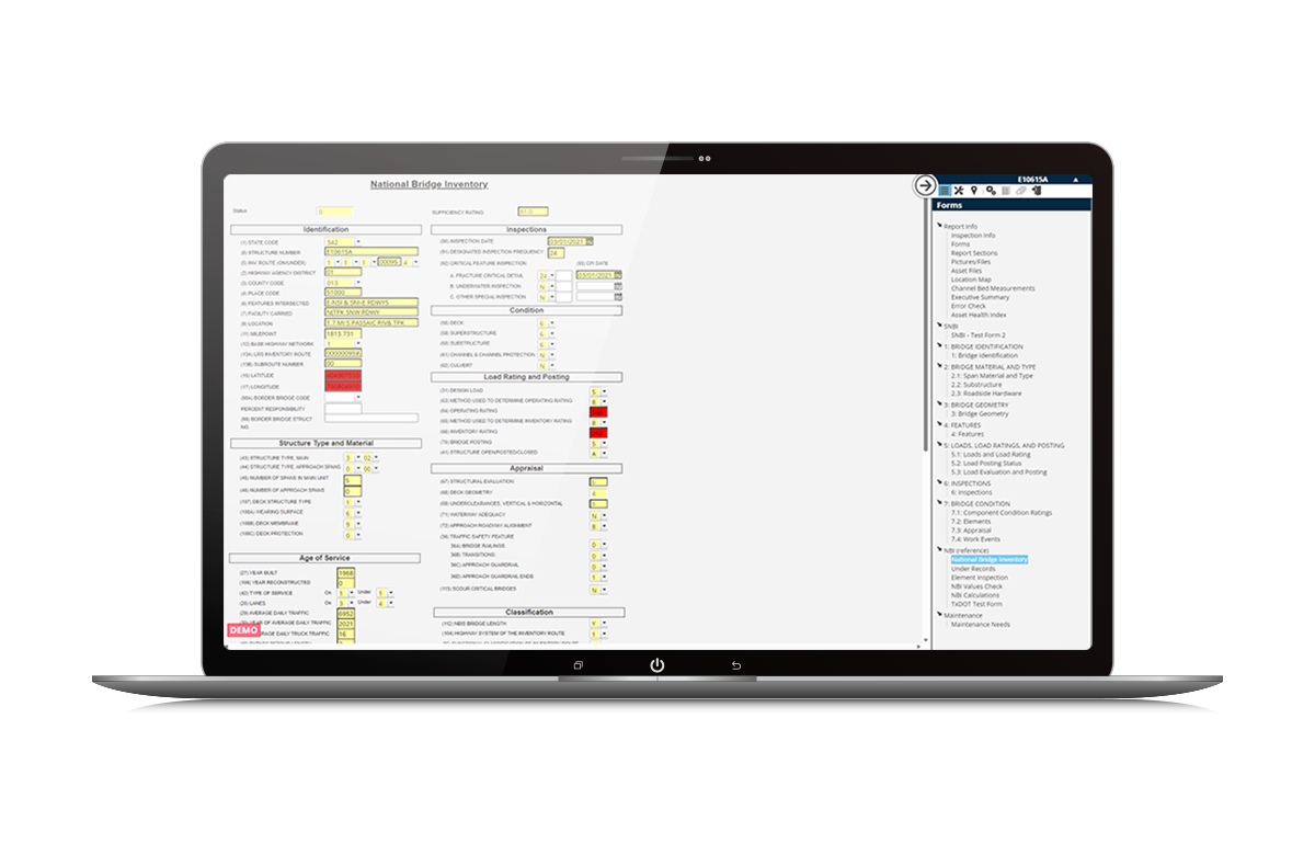 ノートパソコンの画面のAssetWise Compliance Inspectionsソフトウェアのモックアップ