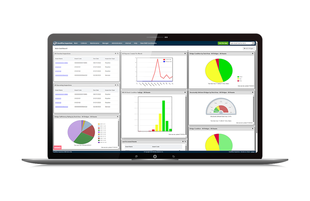 노트북 화면의 Assetwise federate inspections 소프트웨어 모형