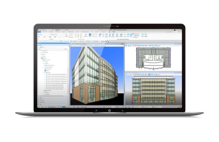 Laptop displaying architectural design software with models and floor plans of a modern building.
