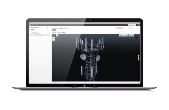 A laptop screen displays iTwin Capture Modeler software with a digital rendering of a telecommunications tower in the main window.