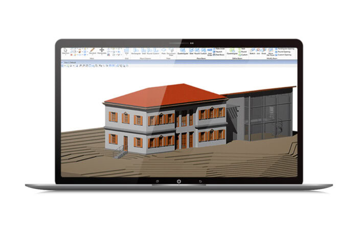 Laptop displaying a 3d architectural model of a two-story building with orange roof on a cad software program.