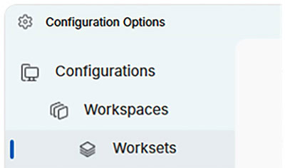 Sidebar menu in MicroStation 2026 displays three options—Configurations, Workspaces, and Worksets—under the heading Configuration Options.