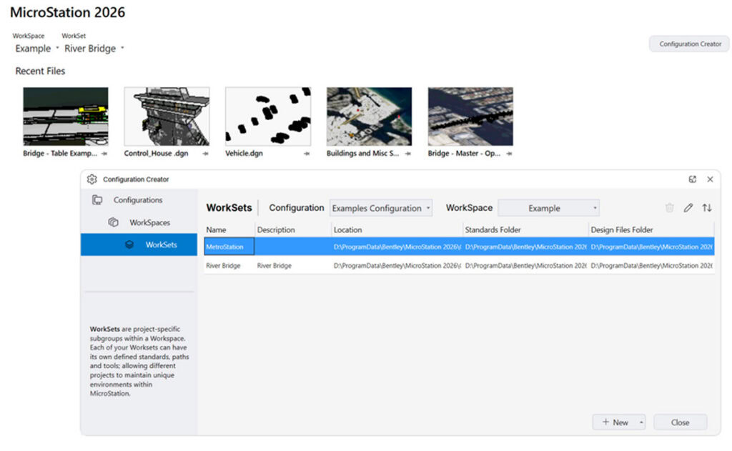 A screenshot of the MicroStation 2026 software interface displays recent files and showcases the Configuration Creator with the WorkSets tab selected.