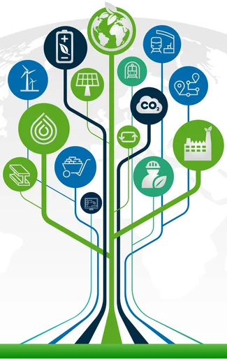 connection graphic wit blue and green tech and sustainability icons and a grey earth in the background