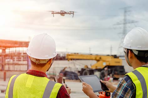 Two construction workers wearing hard hats and safety vests operate a drone at a construction site using a tablet and remote control, showcasing their commitment to Infrastructure Excellence.