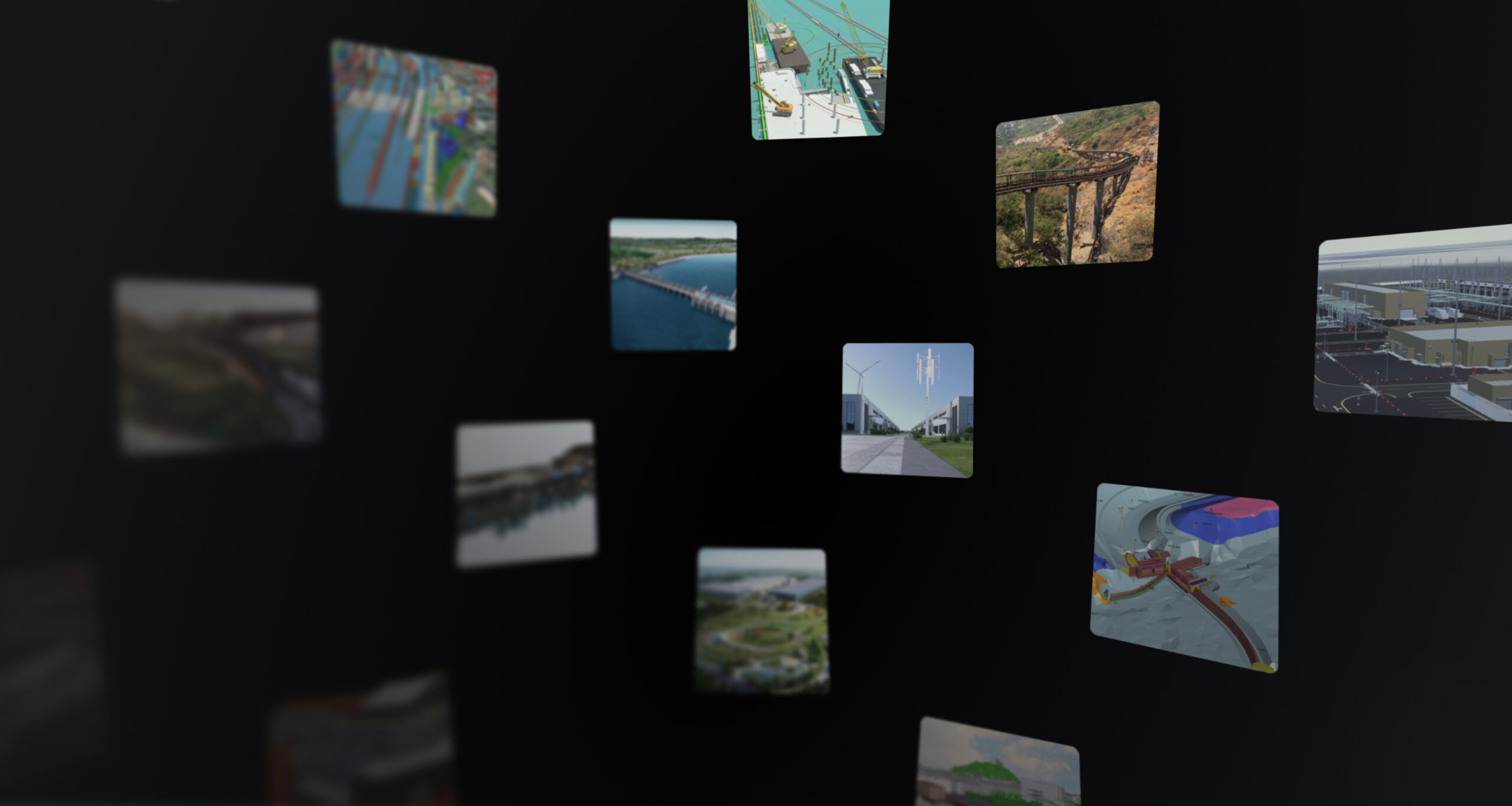 Nine rectangular images showing various infrastructure projects, such as bridges, ports, wind turbines, and waterways, are floating against a dark background.