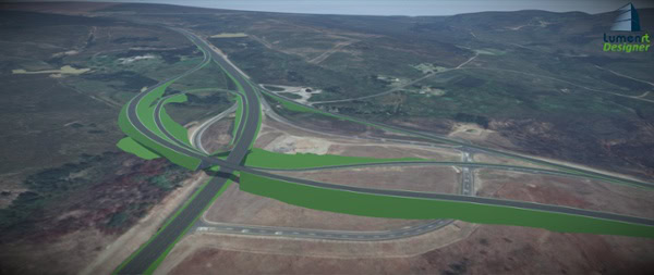 Aerial view of a large highway interchange with multiple roads and ramps in a rural landscape, featuring a watermark that says "tumen designer" and highlighting innovative road projects.