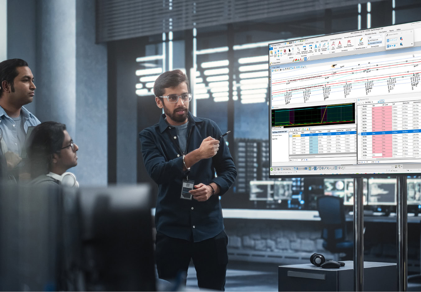 Three people in an office look at a large monitor displaying technical graphs and data tables, discussing a Rail campaign as one person points to the screen with a pen.