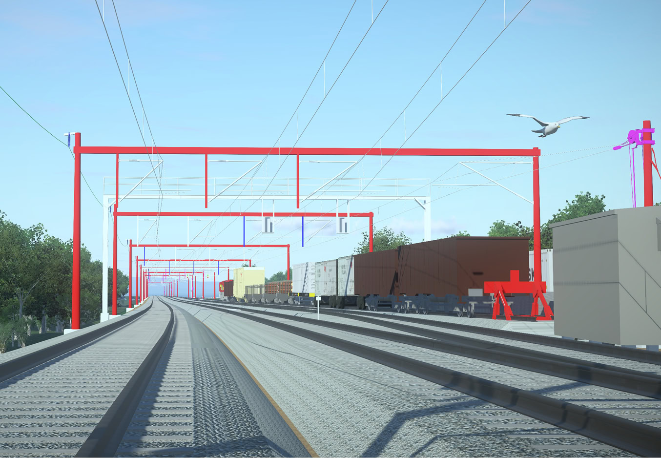 Railway tracks with overhead power lines, several freight train cars on the right, lush vegetation on the left, and a bird flying in the sky highlight the dynamic environment of modern rail transit.