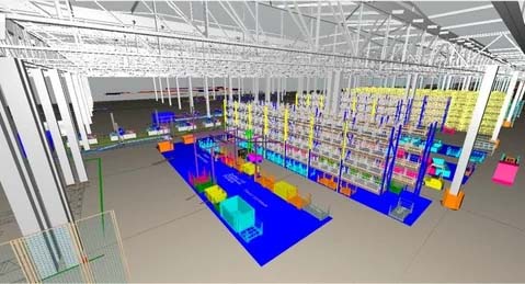Digital rendering of an industrial warehouse with shelves, pallets, and various equipment indicated by bright, multicolored blocks and lines under a structural framework of beams and lights, designed using MicroStation software for precise detailing.
