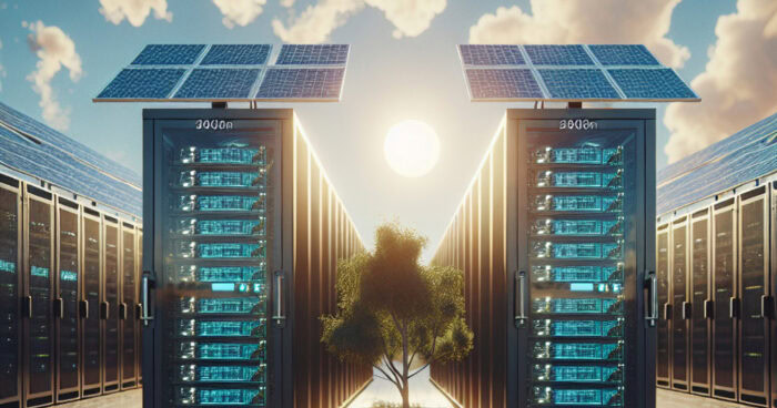 Rows of server racks outdoors with solar panels on top, sunlight in the background, and a small tree between the racks, suggesting renewable energy-powered data centers.
