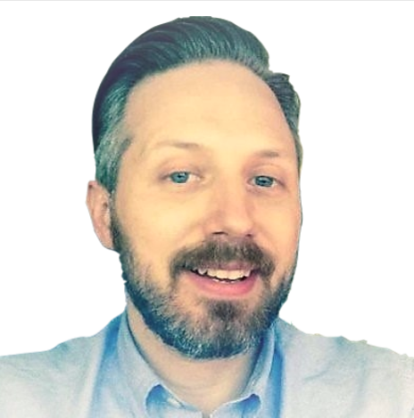 A man with a beard and mustache, smiling in a light blue shirt, against a white background. He has neatly combed brown hair and is presenting a webinar series.